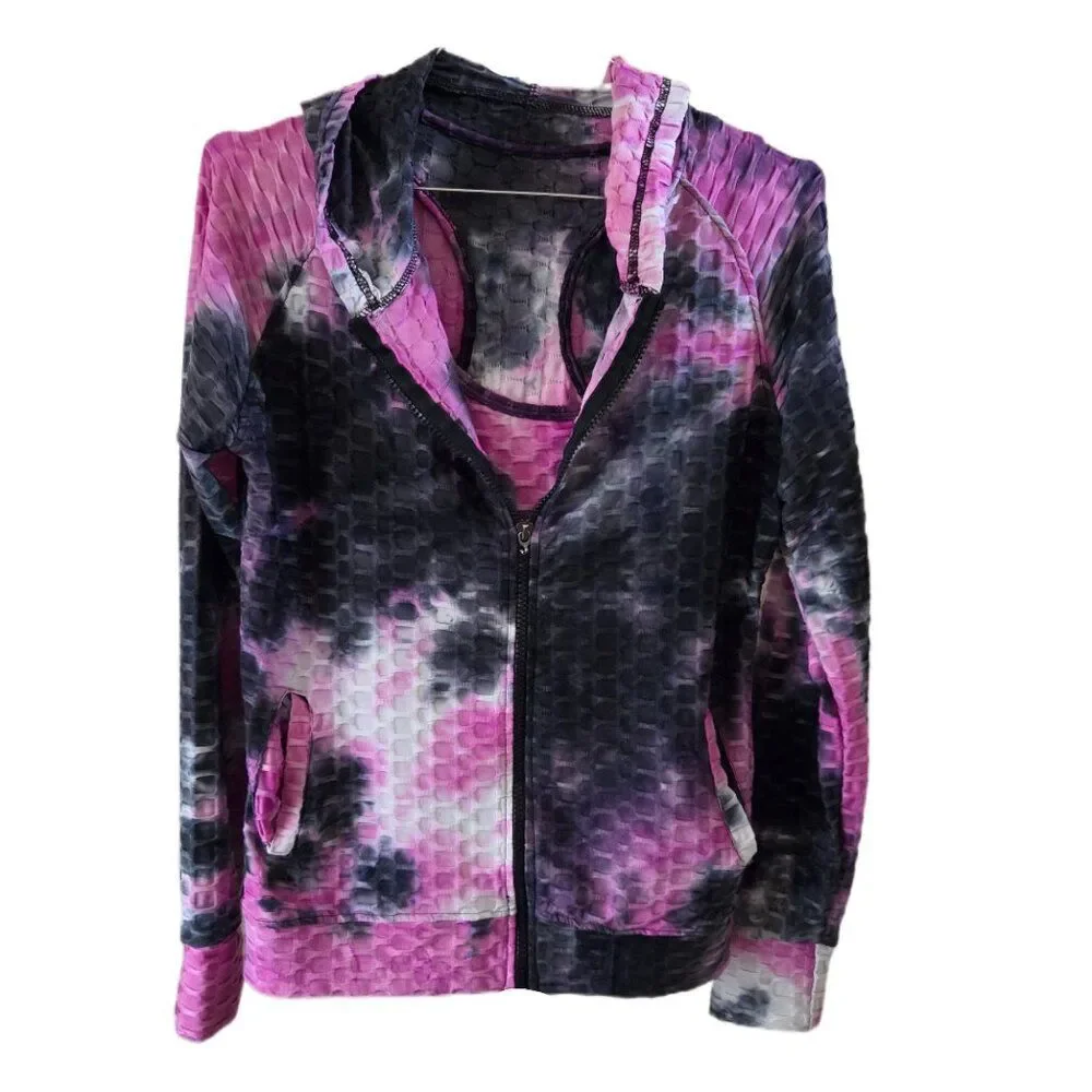 Women's 3 Piece Pink/Gray/Purple Tie Dye Honeycomb Active Wear Set Size S/M - Picture 4 of 8